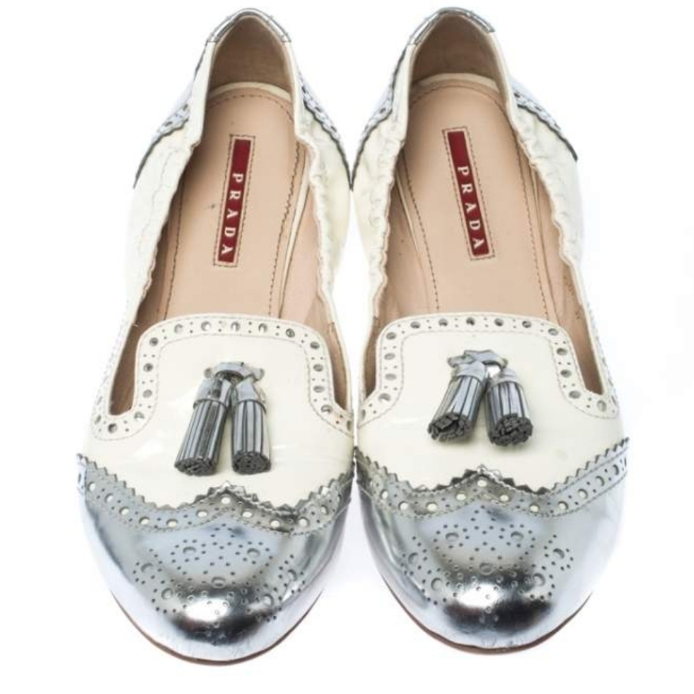 Prada Women's White and Silver Loafers